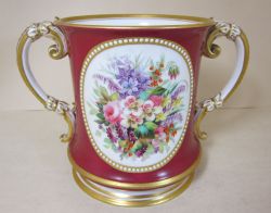 ENGLISH PORCELAIN 2 HANDLED LOVING CUP WITH FLORAL VERSE SIDES