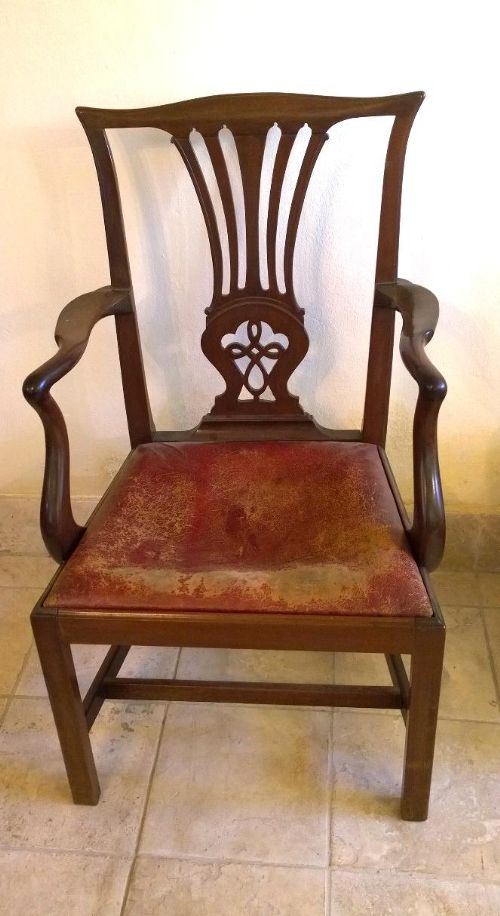 Mahogany Chippendale Style Carver Chair with Leather Seat.