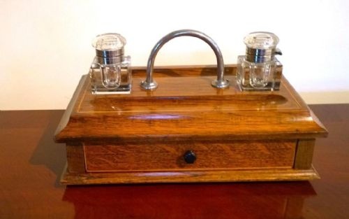 A Pretty Oak Desk Top Tidy, Ink Stand