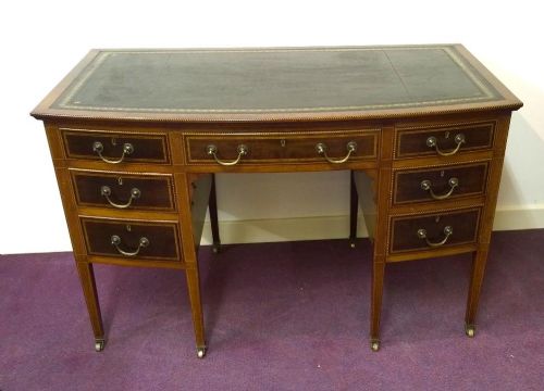 Inlaid Mahogany Sheraton Revival Kneehole Desk with Bow Front