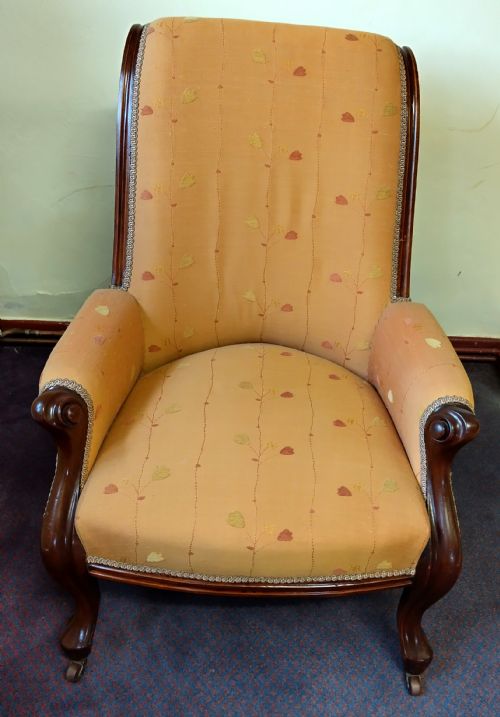 REUPHOLSTERED 19TH C MAHOGANY FRAME ARM CHAIR - ADDITIONAL PHOTO 1