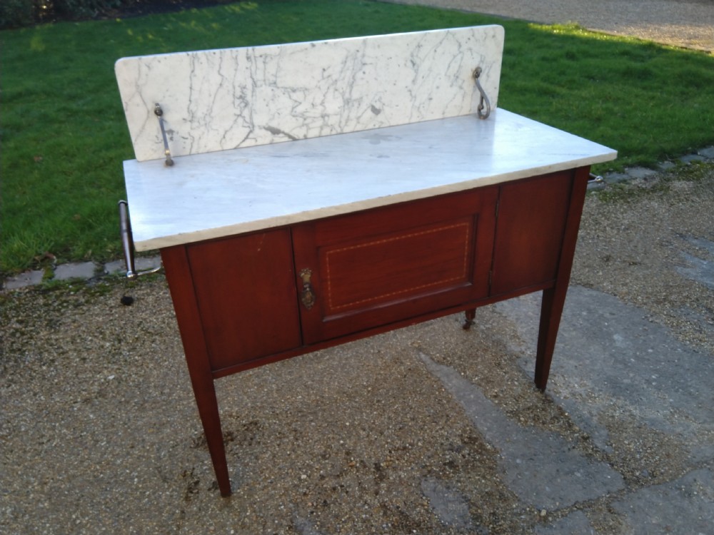 Inlaid Edwardian Mahogany cupboard style wash stand marble topped. View II