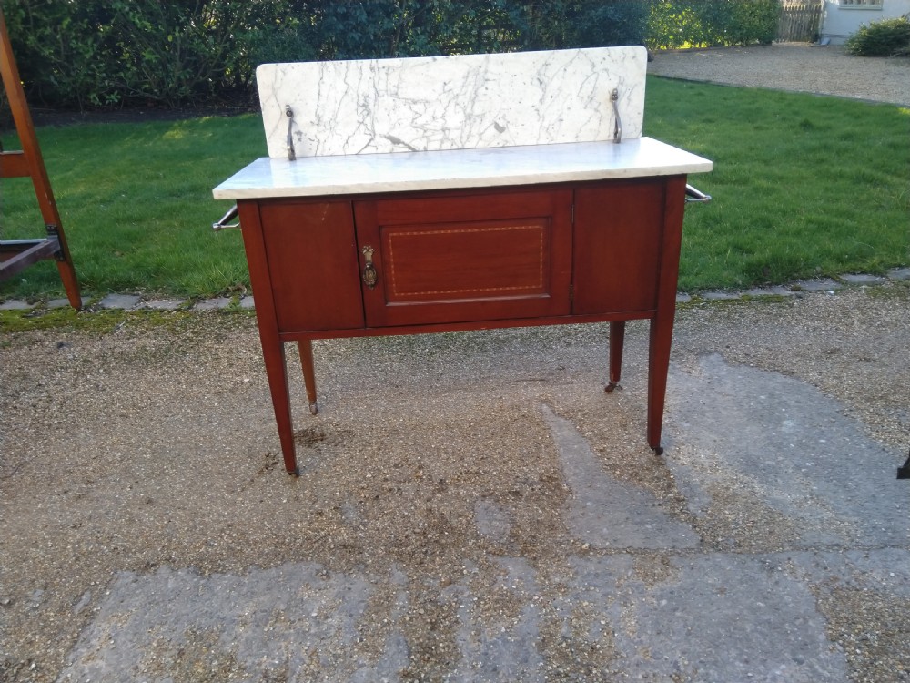 Inlaid Edwardian Mahogany cupboard style wash stand marble topped. View III