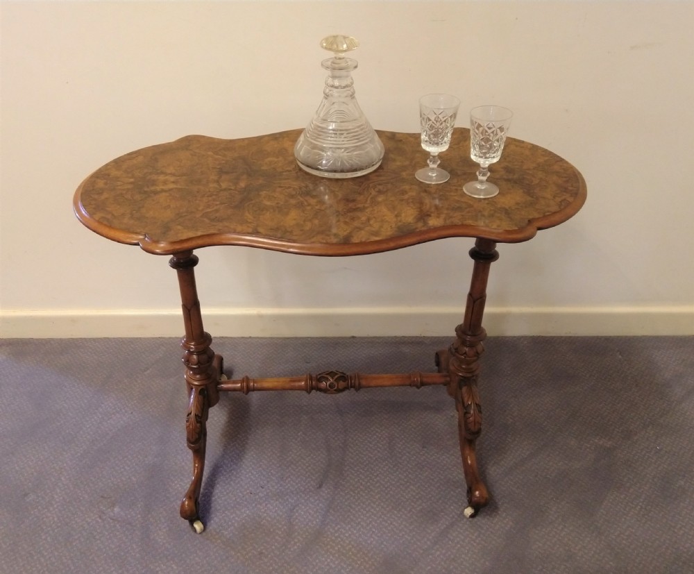 Burr walnut stretcher table, great colour and grain. View II
