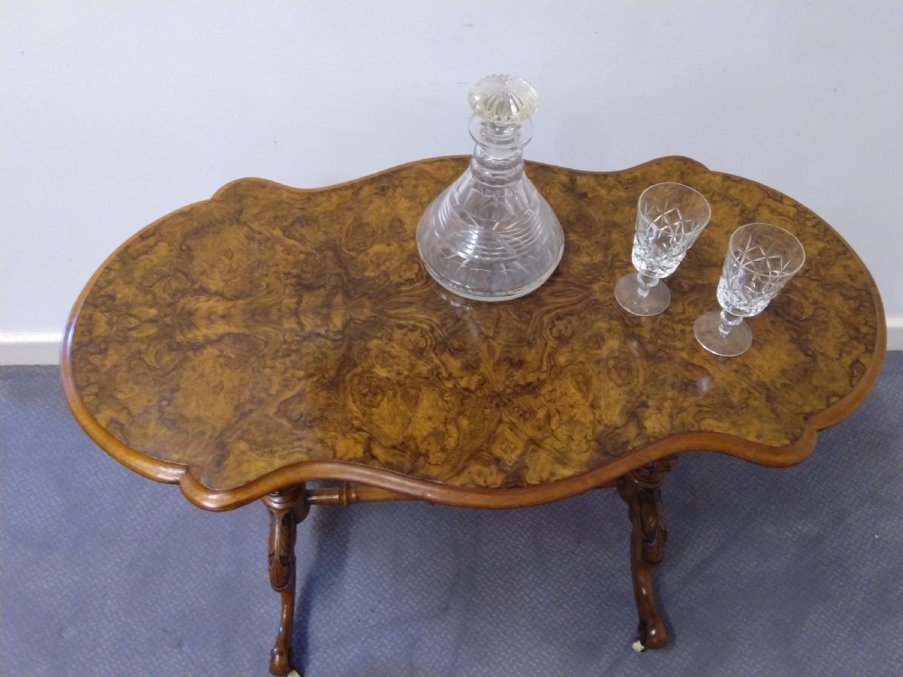 Burr walnut stretcher table, great colour and grain. View VI