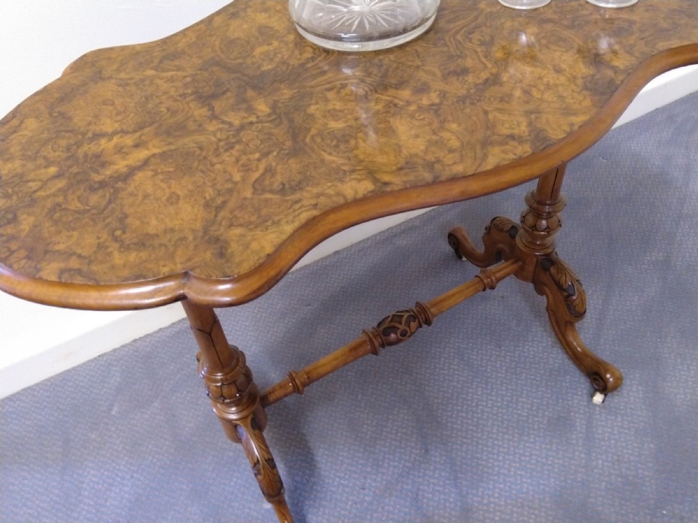 Burr walnut stretcher table, great colour and grain. View VII