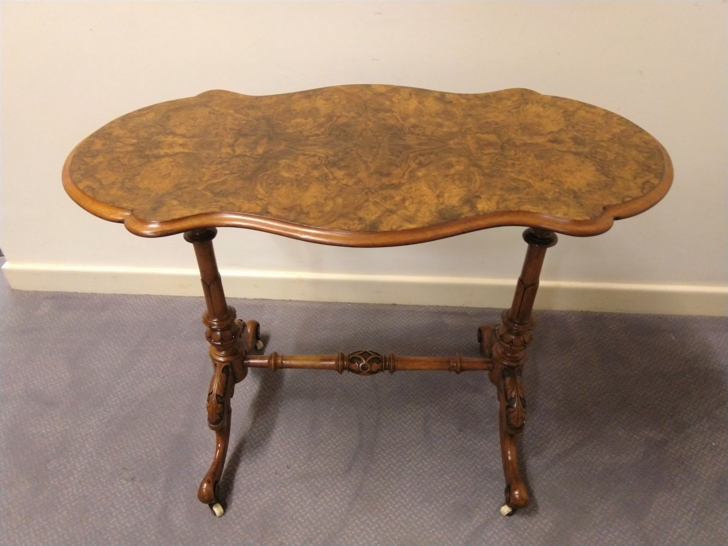Burr walnut stretcher table, great colour and grain.