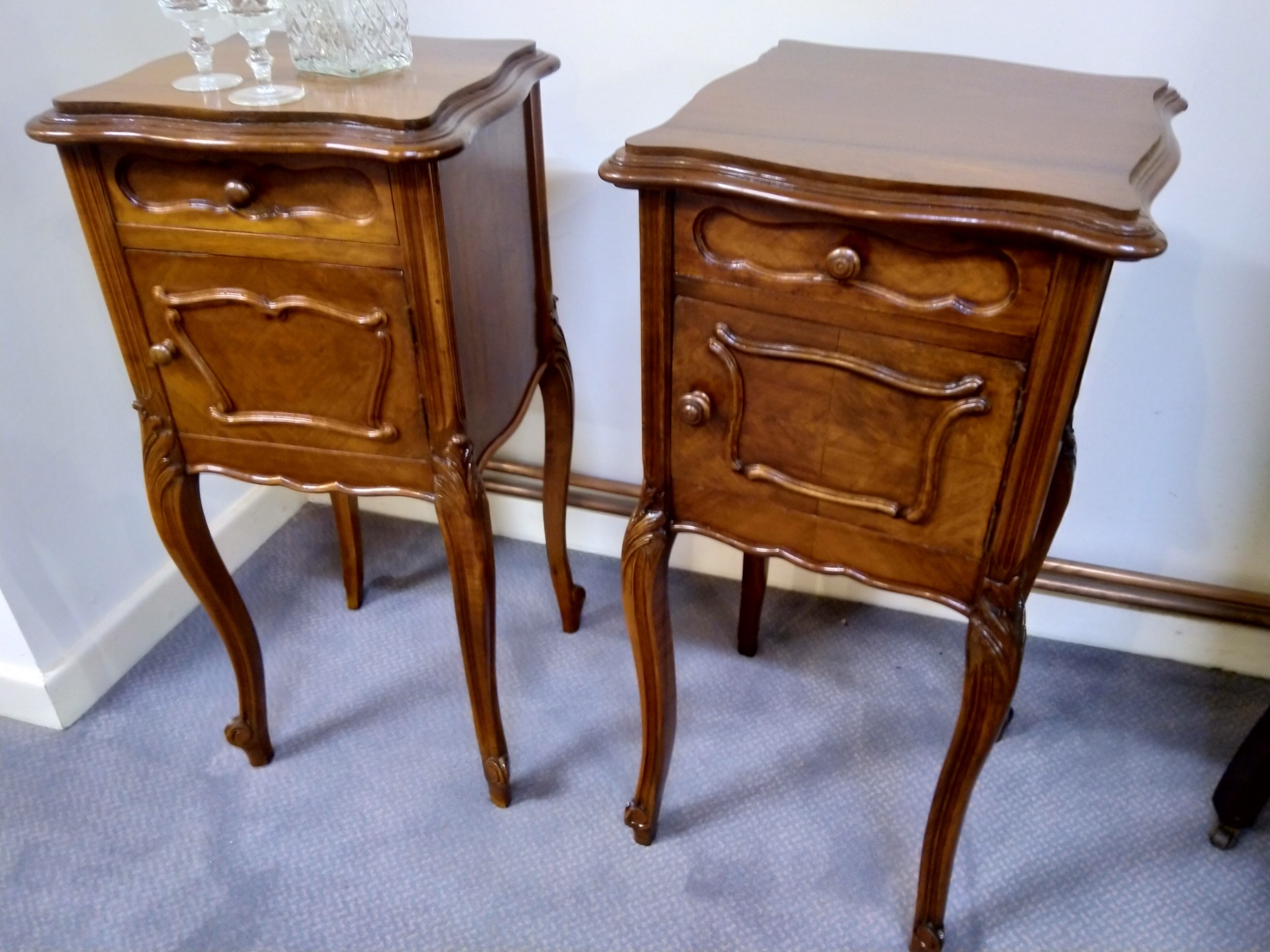 A near pair of walnut bedside cabinets. French
