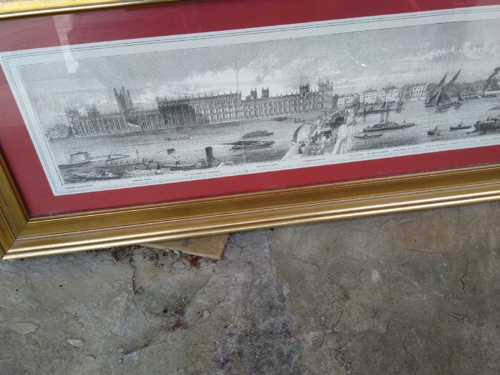 Extremely wide panoramic antique engraving of the River Thames set within a moulded gold gilt frame featuring a terracotta red mount. View II