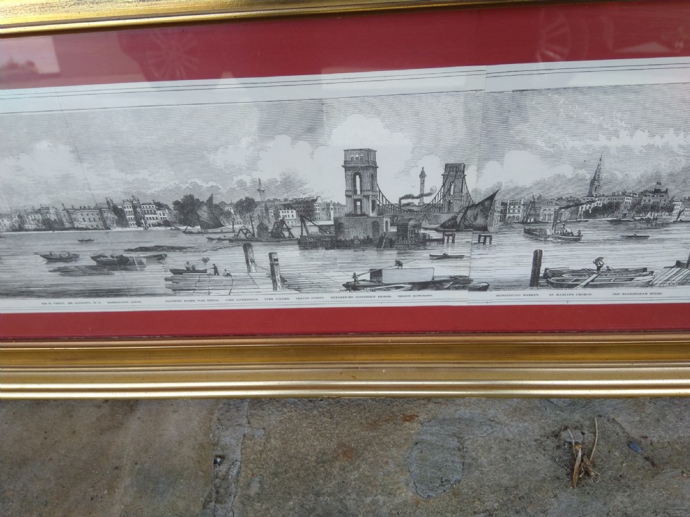 Extremely wide panoramic antique engraving of the River Thames set within a moulded gold gilt frame featuring a terracotta red mount. View III