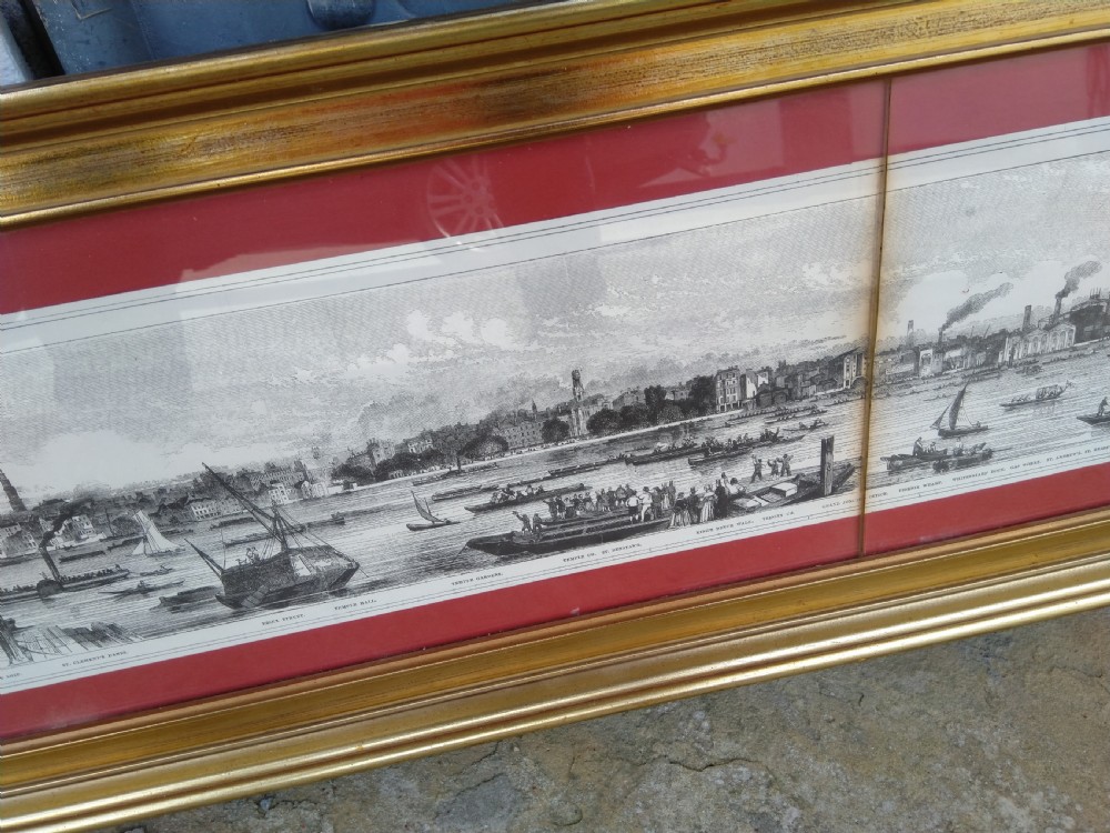 Extremely wide panoramic antique engraving of the River Thames set within a moulded gold gilt frame featuring a terracotta red mount. View IV