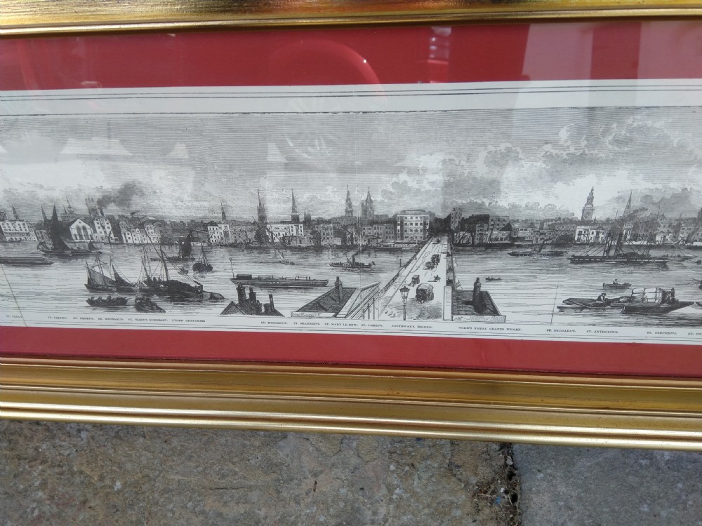 Extremely wide panoramic antique engraving of the River Thames set within a moulded gold gilt frame featuring a terracotta red mount. View V