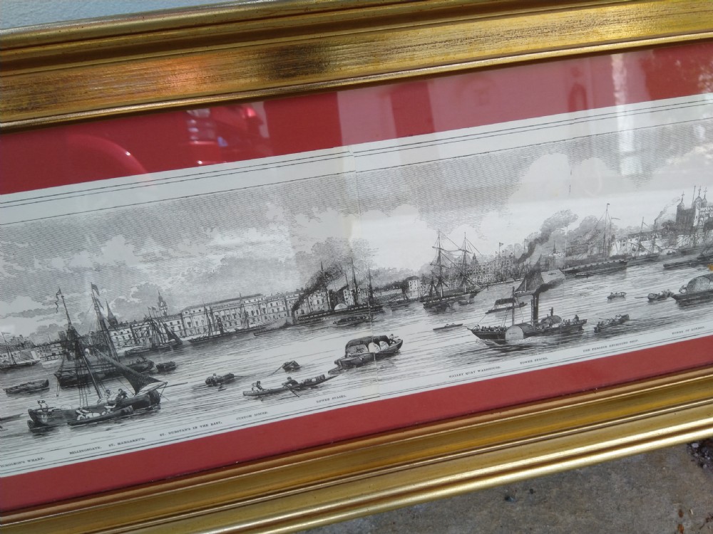 Extremely wide panoramic antique engraving of the River Thames set within a moulded gold gilt frame featuring a terracotta red mount. View VI