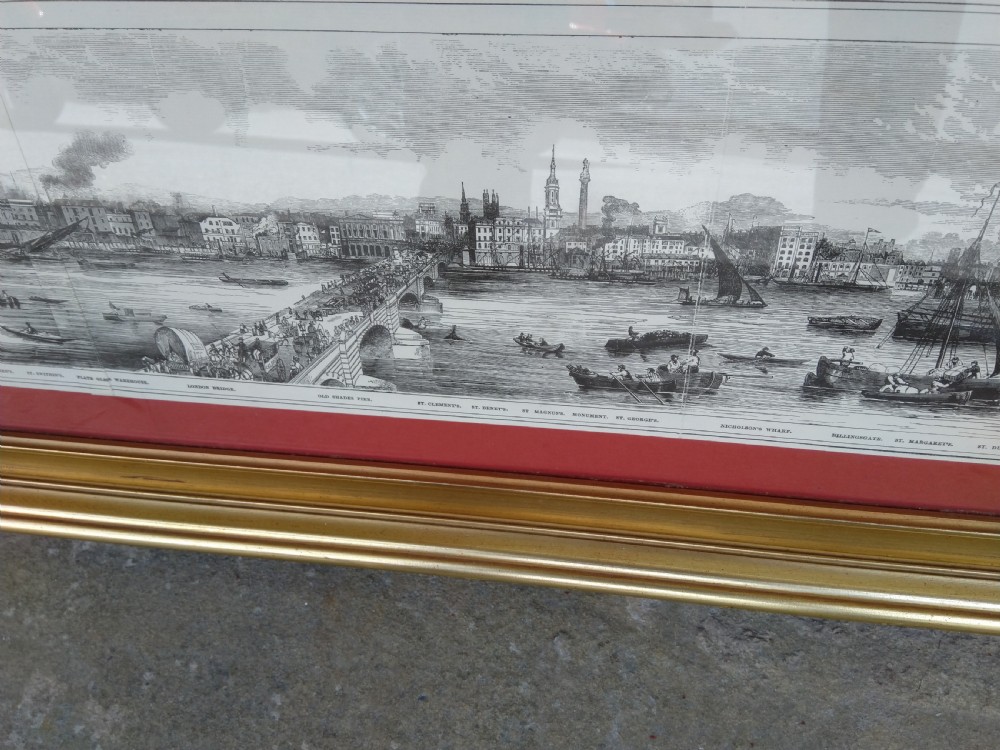 Extremely wide panoramic antique engraving of the River Thames set within a moulded gold gilt frame featuring a terracotta red mount. View VII