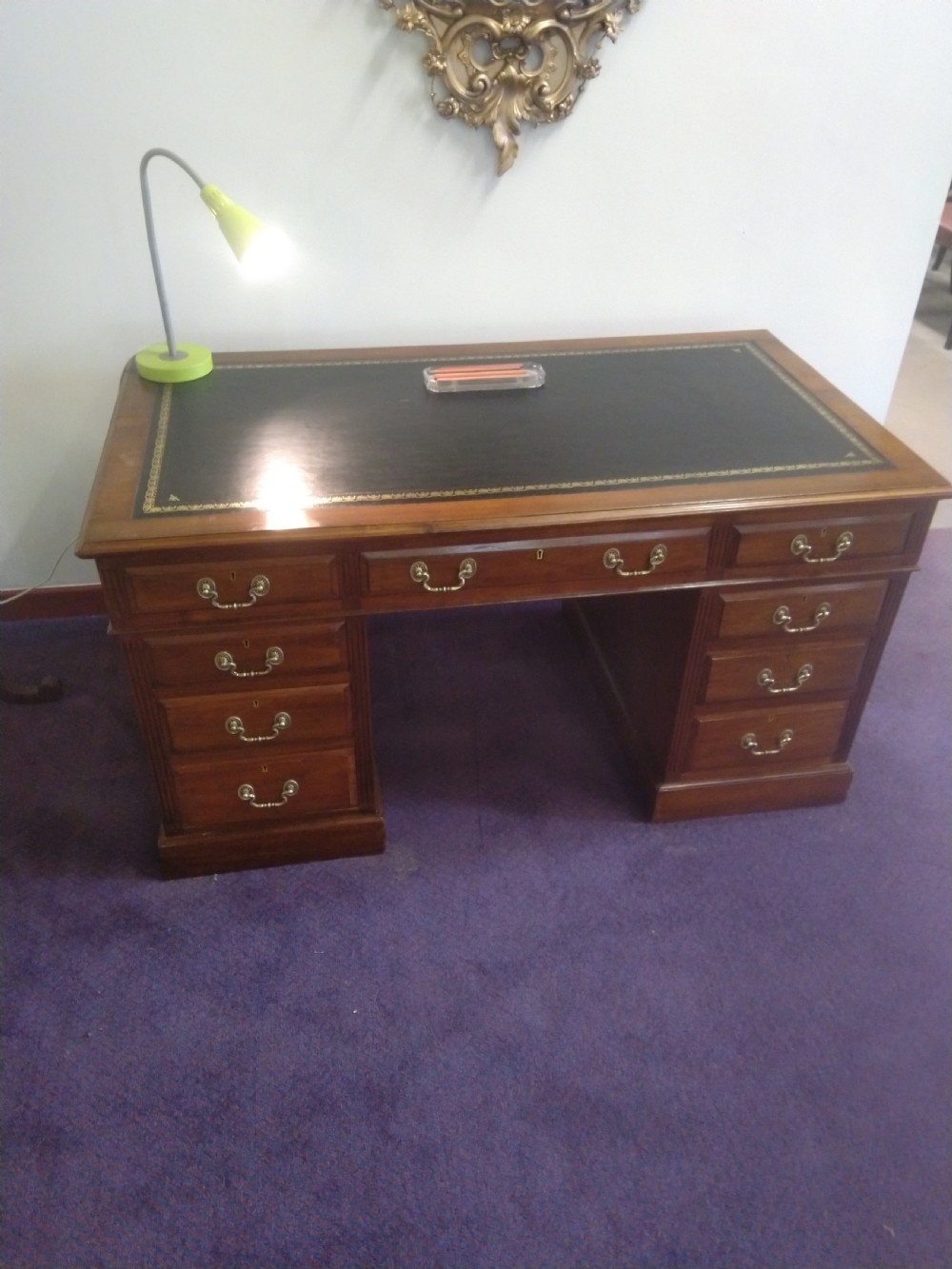 Impressive Walnut kneehole pedestal desk View XI