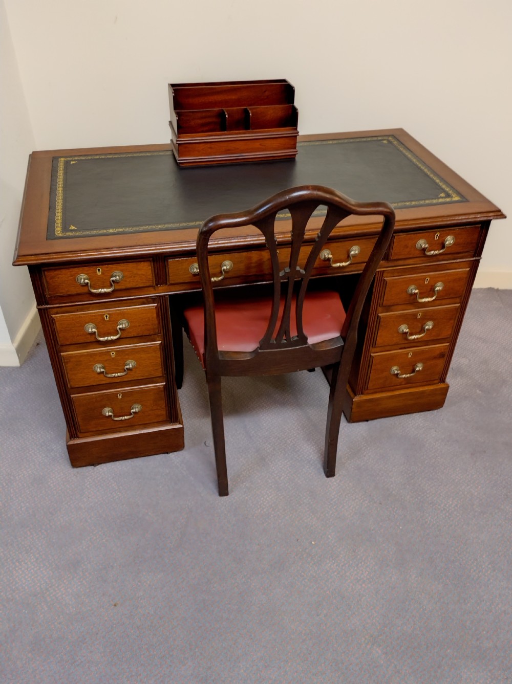 Mahogany Kneehole pedestal desk C 100yrs old. View IV
