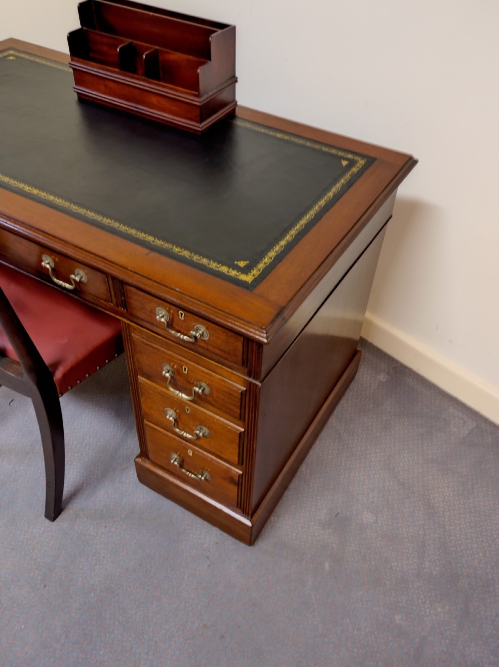 Mahogany Kneehole pedestal desk C 100yrs old. View V