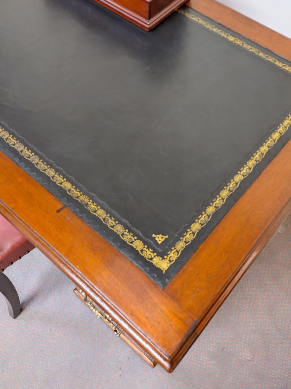 Mahogany Kneehole pedestal desk C 100yrs old. View VI
