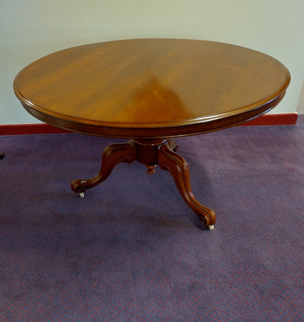 A 19th-century circular mahogany tilt-top pedestal table shown positioned vertically on splayed legs with castors. View III
