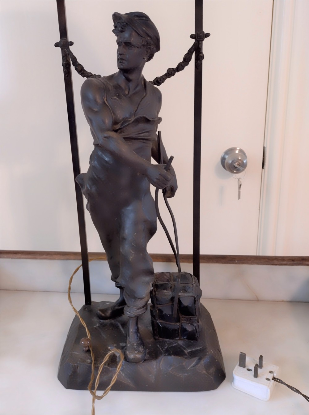 A dark brown spelter table lamp featuring a sculpted figure of an industrial worker carrying a glowing red basket, topped with a perforated metal gallery ring holding light sockets. View VIII