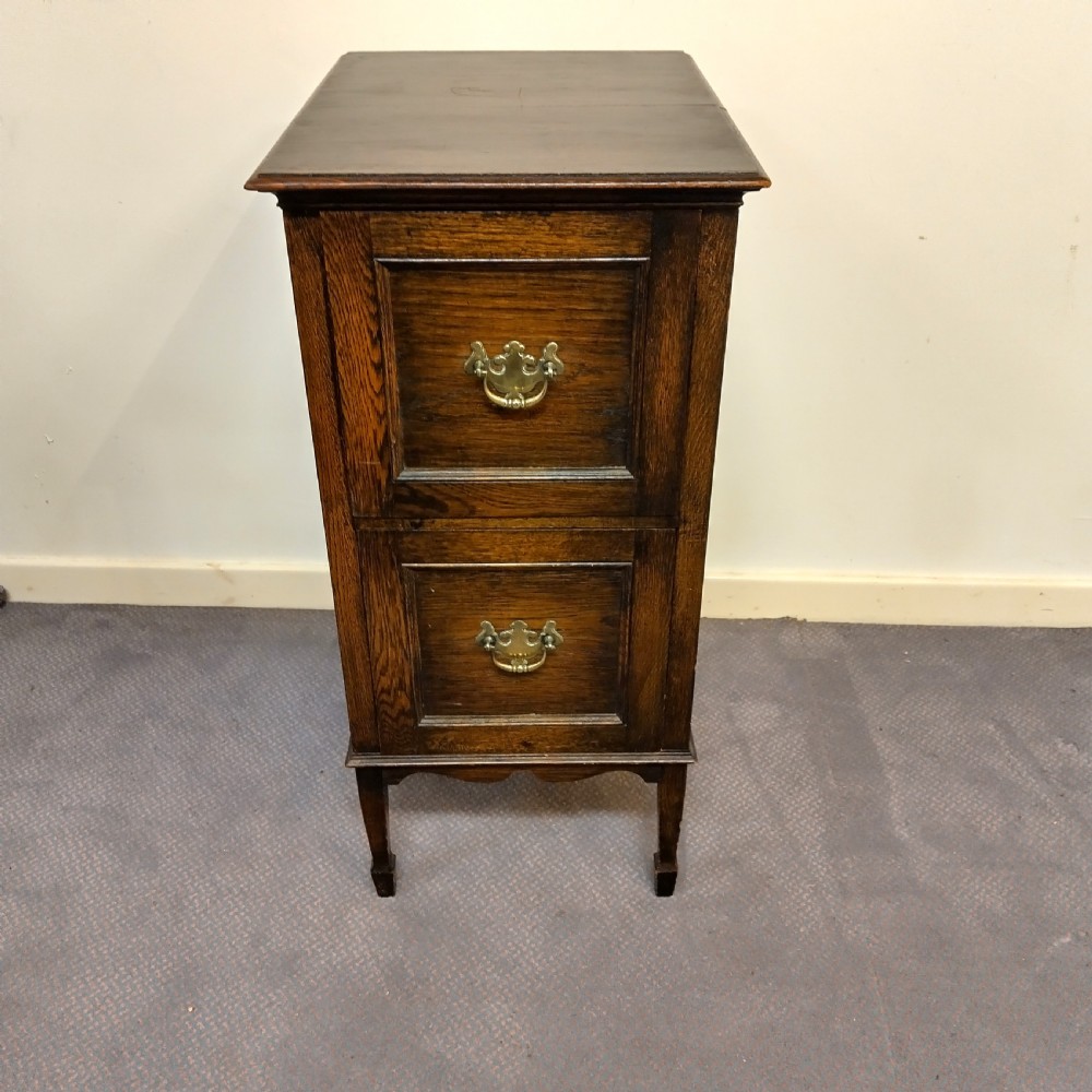 An early 20th-century dark oak filing cabinet featuring two deep panelled drawers with brass handles, standing on square legs.