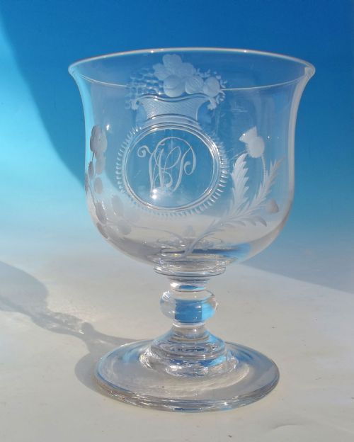 early glass 19thc rummer cup with scrolling initials wp english c1810 - CATEGORY: ANTIQUE GLASS - DATED 19TH CENTURY