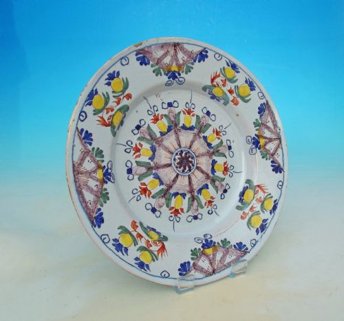 antique 18thc polychrome delftware ann gomm plate english c179092 - CATEGORY: ANTIQUE PLATES - DATED 18TH CENTURY