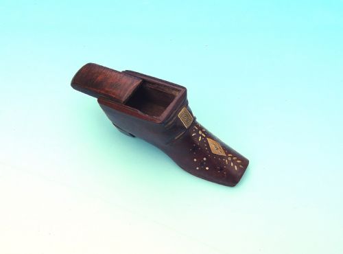 ANTIQUE 19TH TREEN FRUITWOOD SHOE SNUFF WITH BRASS INLAY ENGLISH C184060 - ADDITIONAL PHOTO 3