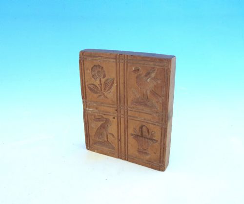 antique treen 19thc sycamore biscuit mould with four carved squares - CATEGORY: ANTIQUE MISCELLANEOUS - DATED 19TH CENTURY