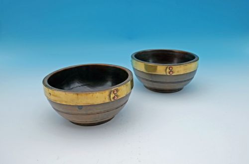 antique treen pair of 19thc brass bound beech cawl bowls welsh c182040 - CATEGORY: ANTIQUE MISCELLANEOUS - DATED 19TH CENTURY
