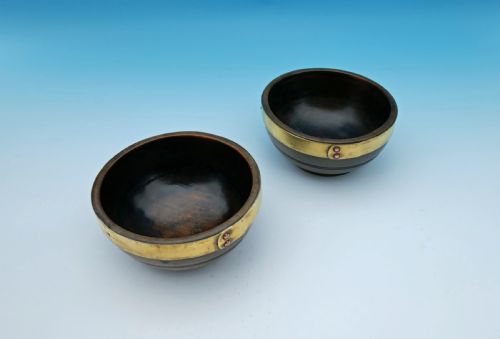 ANTIQUE TREEN PAIR OF 19THC BRASS BOUND BEECH CAWL BOWLS WELSH C182040 - ADDITIONAL PHOTO 3