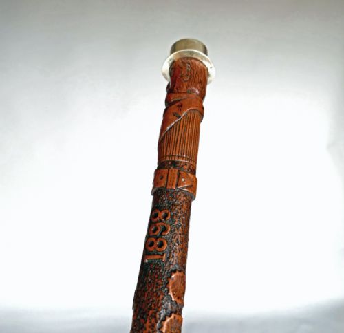 ANTIQUE 19THC FRUITWOOD CARVED WALKING STICK DATED 1898 ENGLISH - ADDITIONAL PHOTO 2