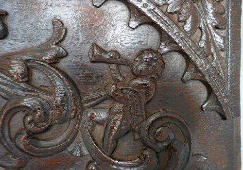 ANTIQUE 17THC OAK CARVED PANEL SHOWING THE GREEN MAN FLANKED BY HORN BLOWING PUTTI FLEMISH C166080 - ADDITIONAL PHOTO 3