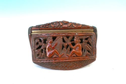 antique treen 19thc coquilla nut snuff box or vinaigrette carved with musical playing cherubs harp playing lady french c182040 - CATEGORY: ANTIQUE BOXES - DATED 19TH CENTURY