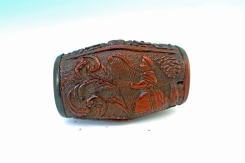 ANTIQUE TREEN 19THC COQUILLA NUT SNUFF BOX OR VINAIGRETTE CARVED WITH MUSICAL PLAYING CHERUBS HARP PLAYING LADY FRENCH C182040 - ADDITIONAL PHOTO 1