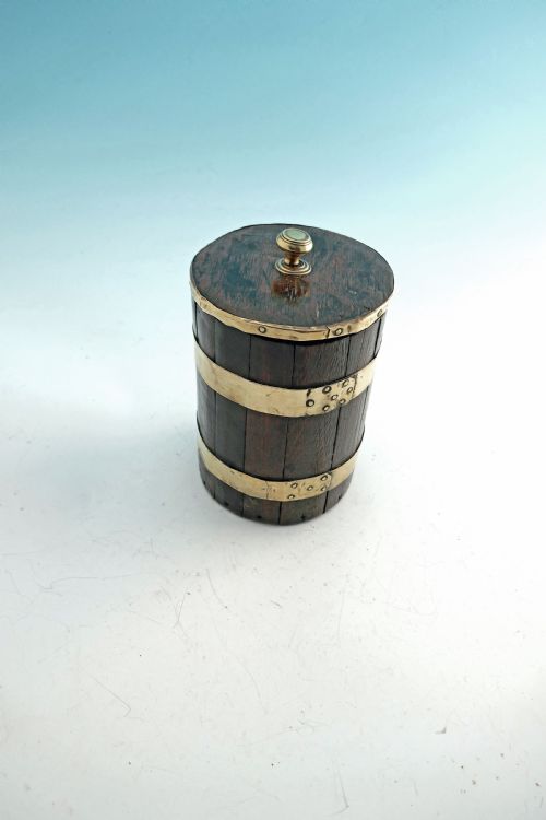 early treen 19thc brass bound oak staved lidded flour barrel english c180020 - CATEGORY: ANTIQUE BOXES - DATED 19TH CENTURY