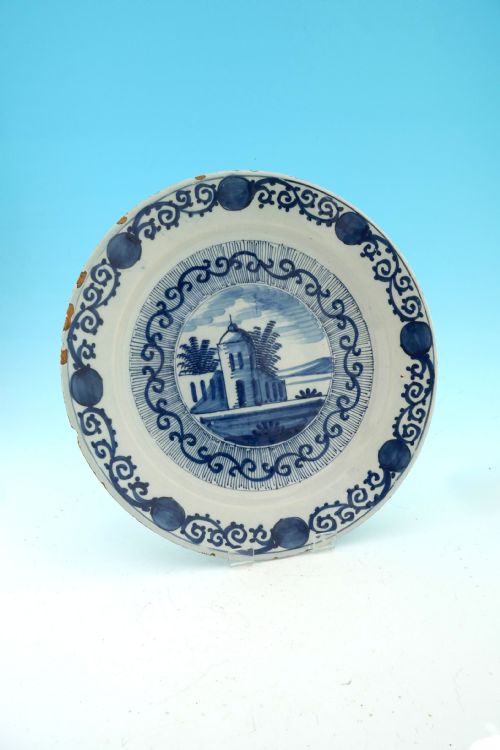 antique pottery 18thc blue white delftware charger dutch c177080 - CATEGORY: ANTIQUE CERAMICS - DATED 18TH CENTURY