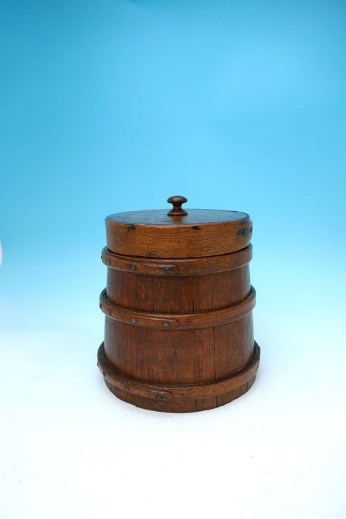 antique treen 19thc oak coopered lidded flour barrel english c184060 - CATEGORY: ANTIQUE BOXES - DATED 19TH CENTURY