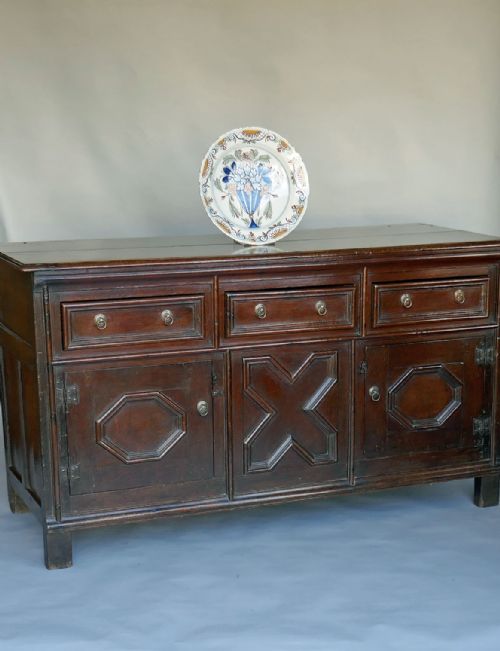 antique 17thc oak furniture dresser base with geometric mouldings english c167090 - CATEGORY: ANTIQUE SIDEBOARDS - DATED 17TH CENTURY