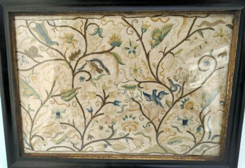 ANTIQUE 17THC NEEDLEWORK ON FINE MUSLIN WITH FLOWERS BIRDS INSECTS ENGLISH C162040 - ADDITIONAL PHOTO 1