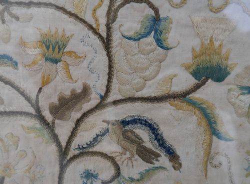 ANTIQUE 17THC NEEDLEWORK ON FINE MUSLIN WITH FLOWERS BIRDS INSECTS ENGLISH C162040 - ADDITIONAL PHOTO 3
