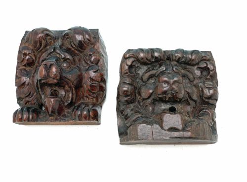 antique 17thc carved walnut pair of lion heads english c166080 - CATEGORY: ANTIQUE MISCELLANEOUS - DATED 17TH CENTURY