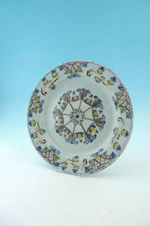 antique pottery 18thc ann gomm polychrome delftware charger english c179092 - CATEGORY: ANTIQUE CERAMICS - DATED 18TH CENTURY