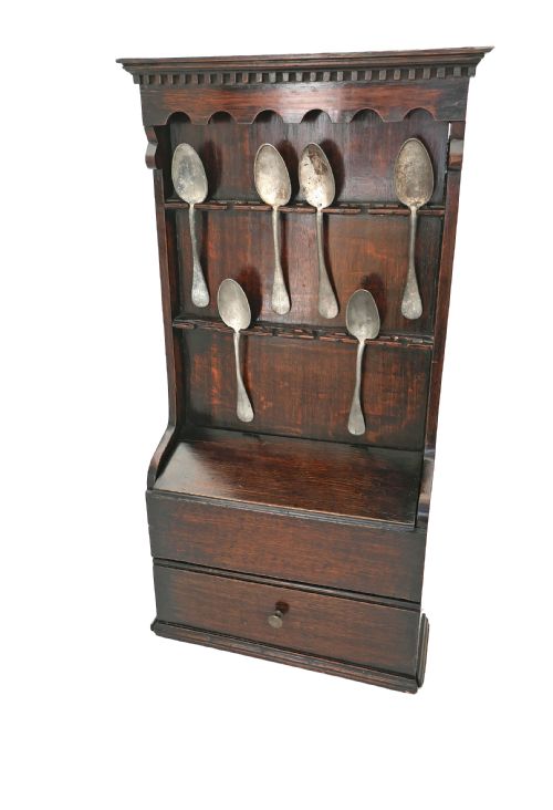 antique 18thc oak spoon rack and candlebox complete with pewter spoons english c176070 - CATEGORY: ANTIQUE MISCELLANEOUS - DATED 18TH CENTURY