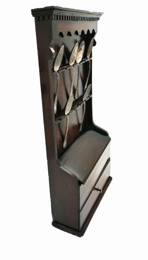ANTIQUE 18THC OAK SPOON RACK AND CANDLEBOX COMPLETE WITH PEWTER SPOONS ENGLISH C176070 - ADDITIONAL PHOTO 3