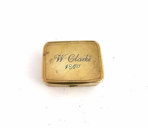 antique brass 19thc snuff box with owners name w clarke dated 1800 - CATEGORY: ANTIQUE BOXES - DATED 19TH CENTURY
