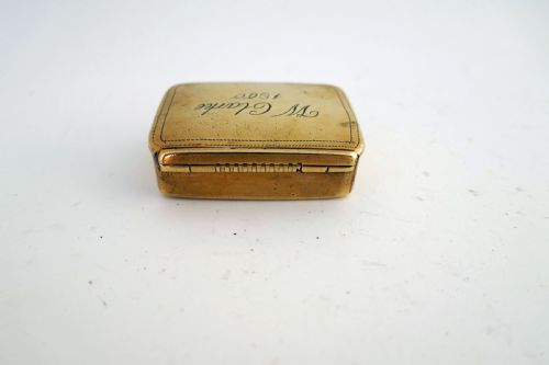 ANTIQUE BRASS 19THC SNUFF BOX WITH OWNERS NAME W CLARKE DATED 1800 - ADDITIONAL PHOTO 2