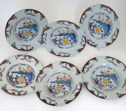 early antique pottery 18thc set of six polychrome delft plates dutch c176080 - CATEGORY: ANTIQUE PLATES - DATED 18TH CENTURY