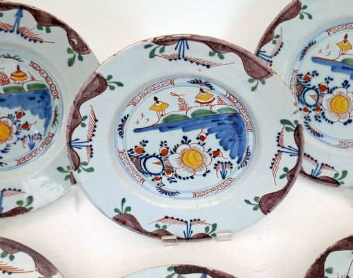 EARLY ANTIQUE POTTERY 18THC SET OF SIX POLYCHROME DELFT PLATES DUTCH C176080 - ADDITIONAL PHOTO 1