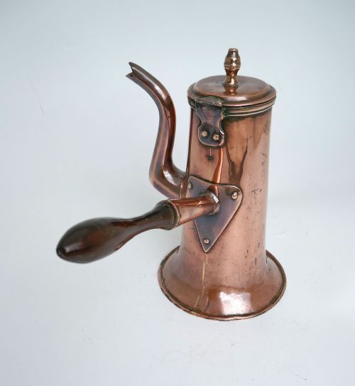 antique metalware 18thc copper coffee pot with turned fruitwood handle english c173040 - CATEGORY: ANTIQUE METAL - DATED 18TH CENTURY